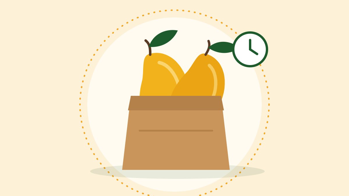 Mangoes in a paper bag next to a clock